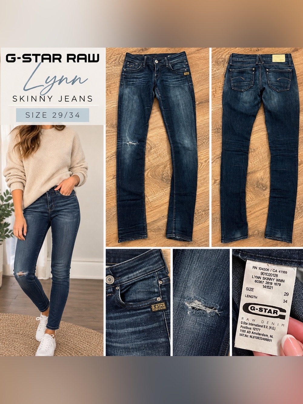 G-Star Dark Wash Lynn Distressed Skinny Jeans Size 29/34